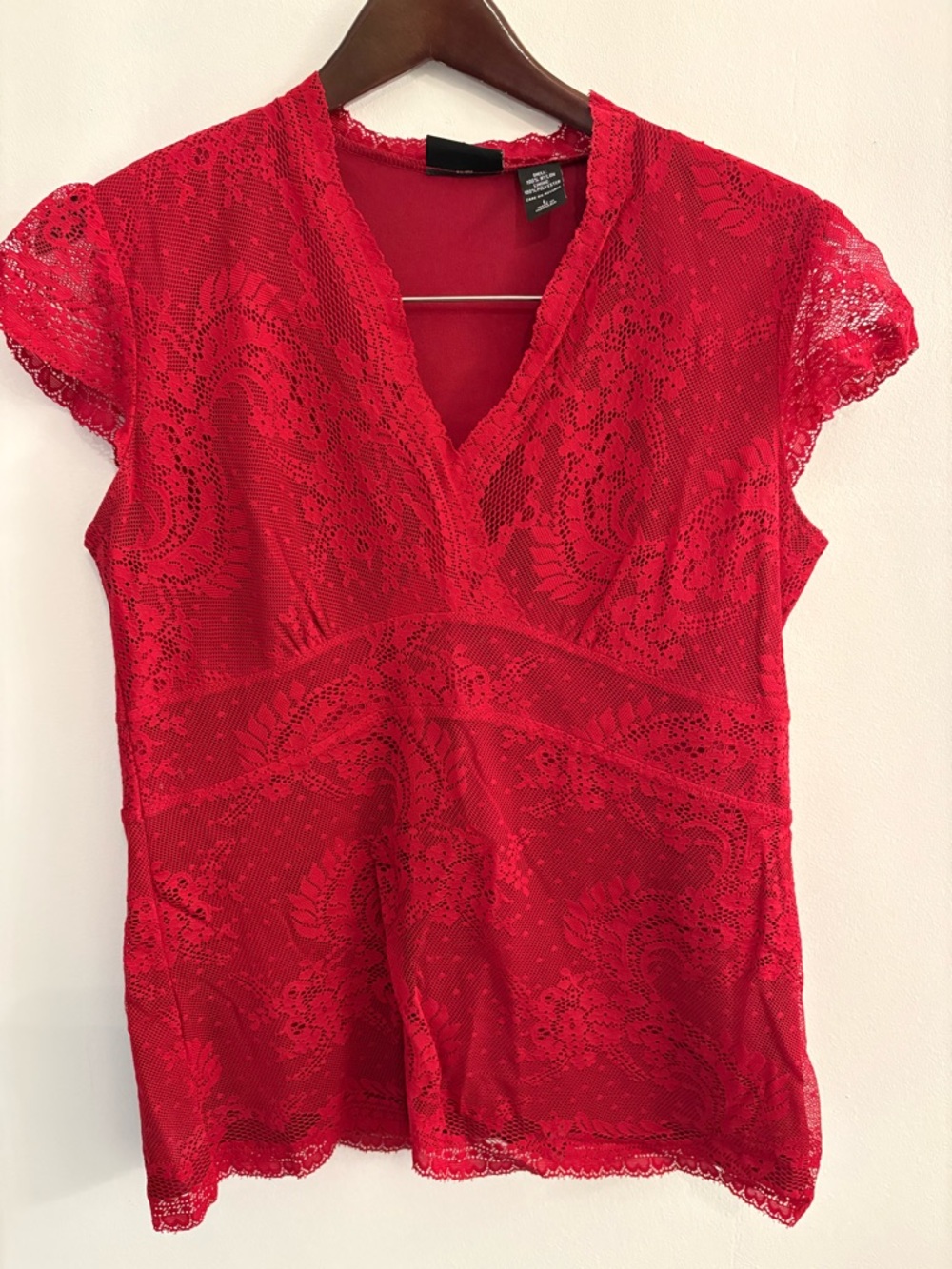 New York & Company Red Lace V-Neck Cap Sleeve Blouse